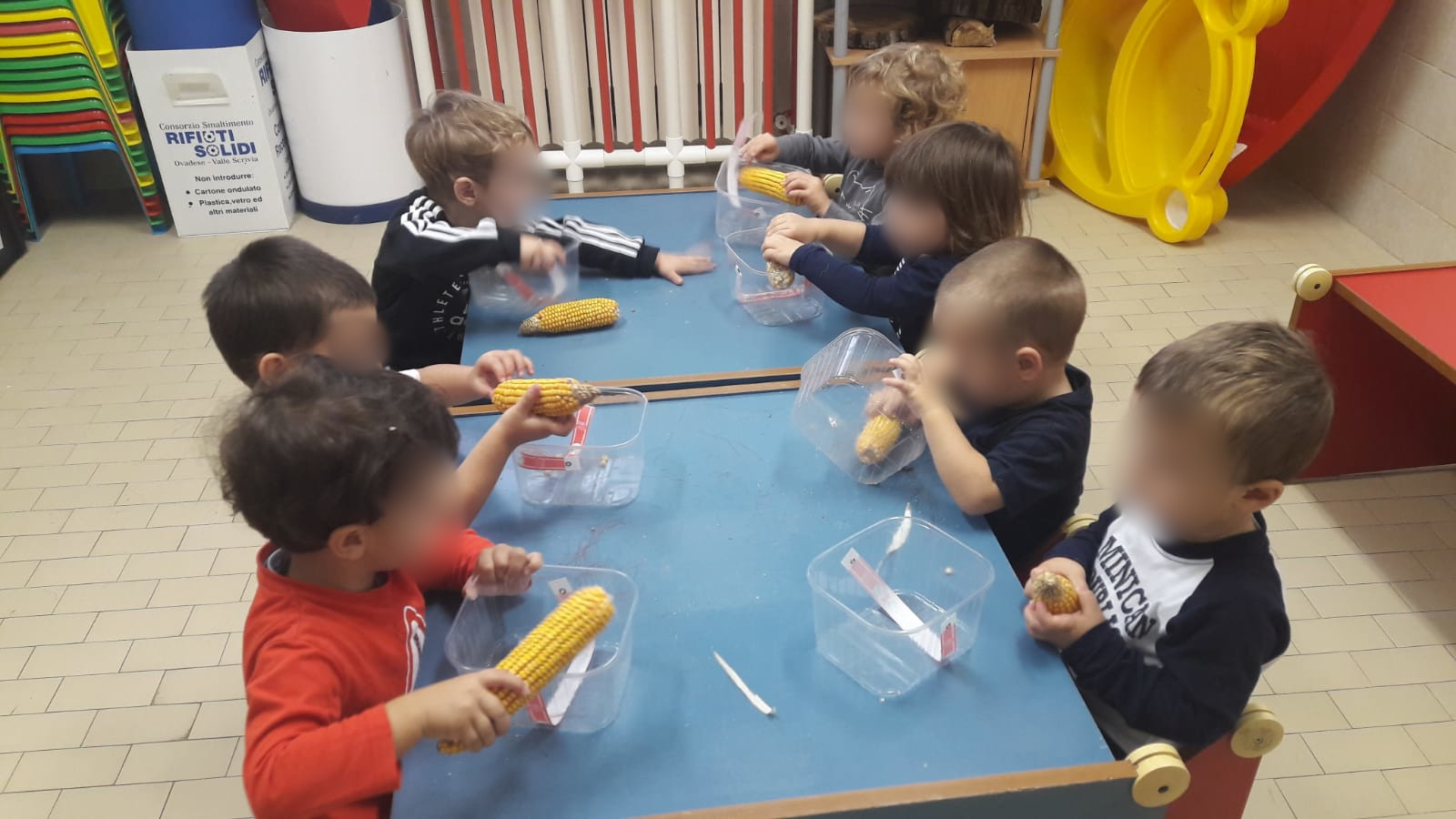 Bambini sgranano il mais