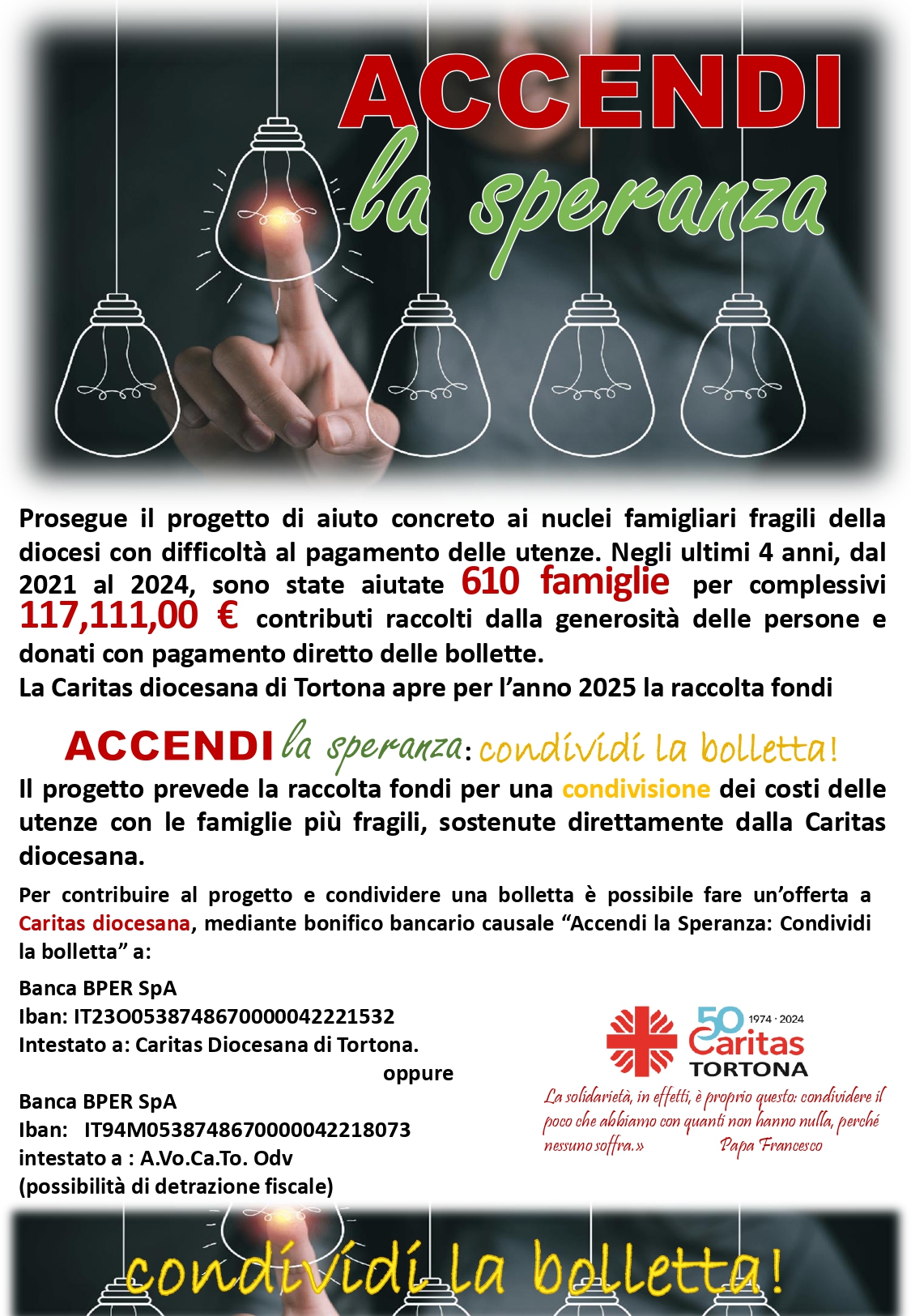 Progetto Caritas diocesana Tortona Accendi la Speranza, condividi la Bolletta!
